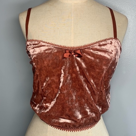 Tops - Crushed Velvet top lace trim Bow Accent coquette Women’s Cami Crop Top